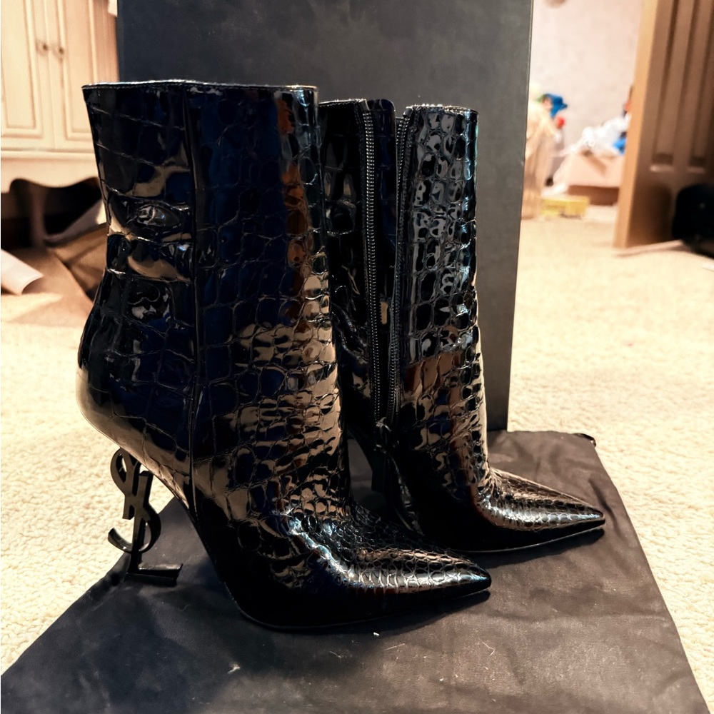 Saint Laurent Glossy Black Croc Heeled Boots - Picture 5 of 5